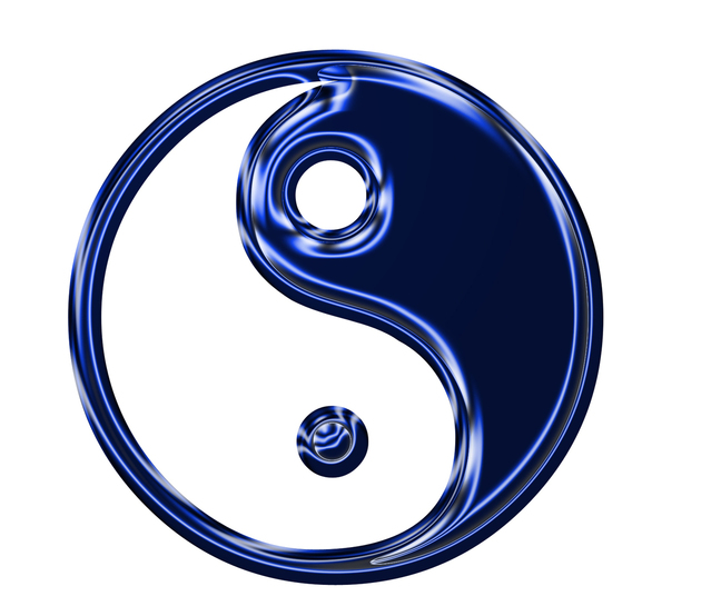 the yin and yang symbol in metallic blue