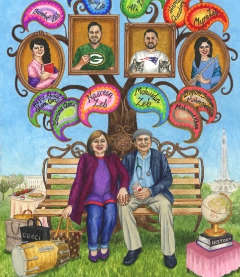 Latino couple sitting on a park bench with a family tree hovering above them.