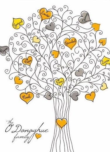 family tree with names on hearts hanging on the branches.